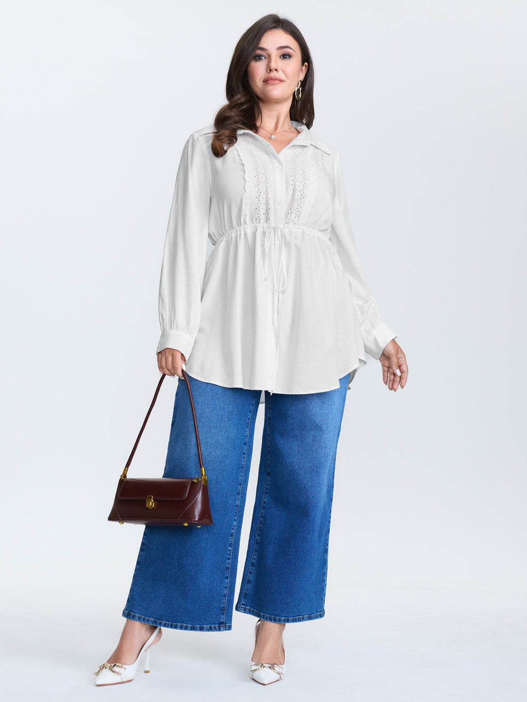 Lace Cut-Out Drawstring Waist Blouse
