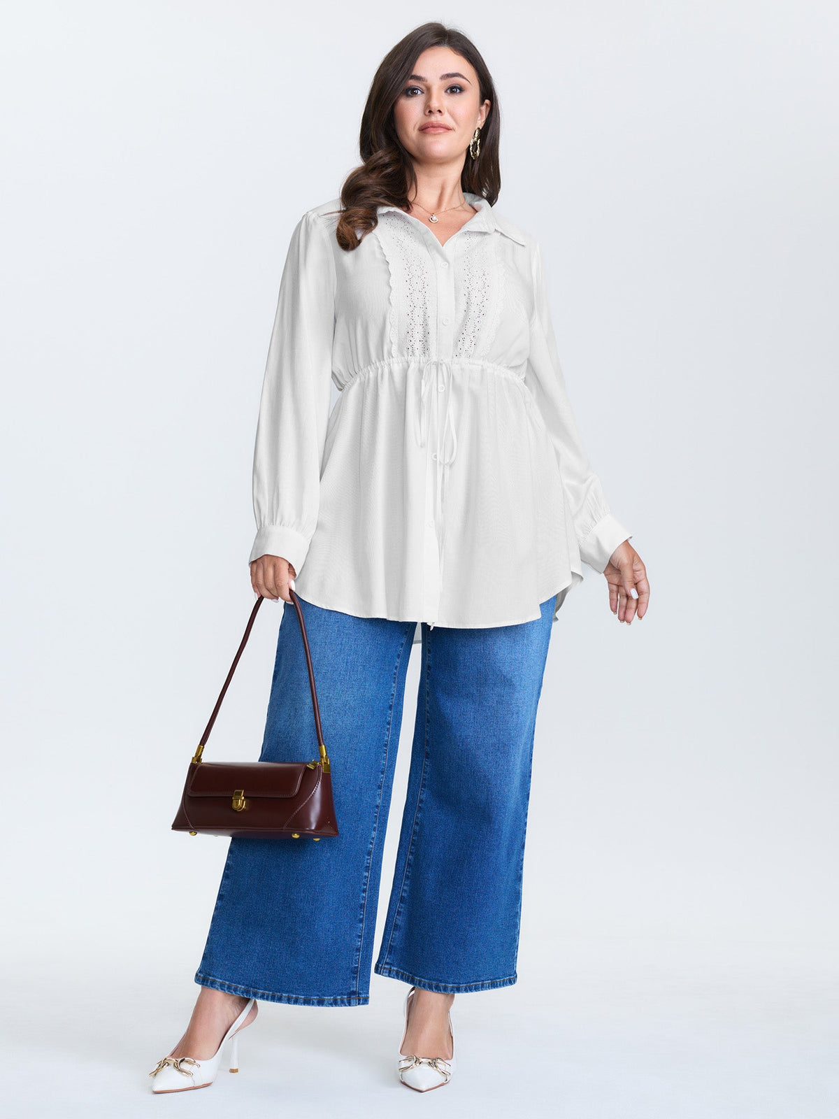 Lace Cut-Out Drawstring Waist Blouse