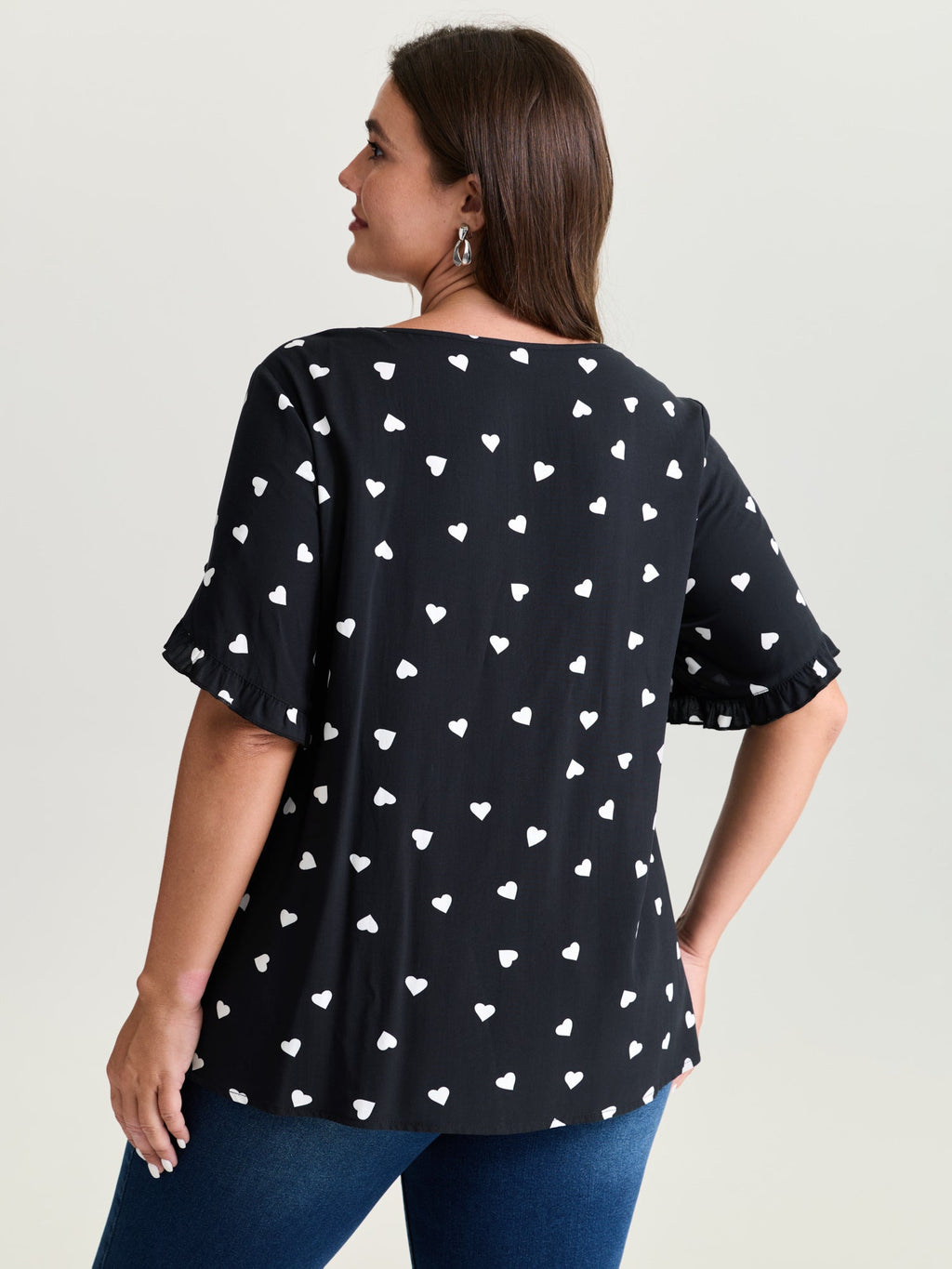 Ruffled Overlap Sleeve Heart Pattern Blouse