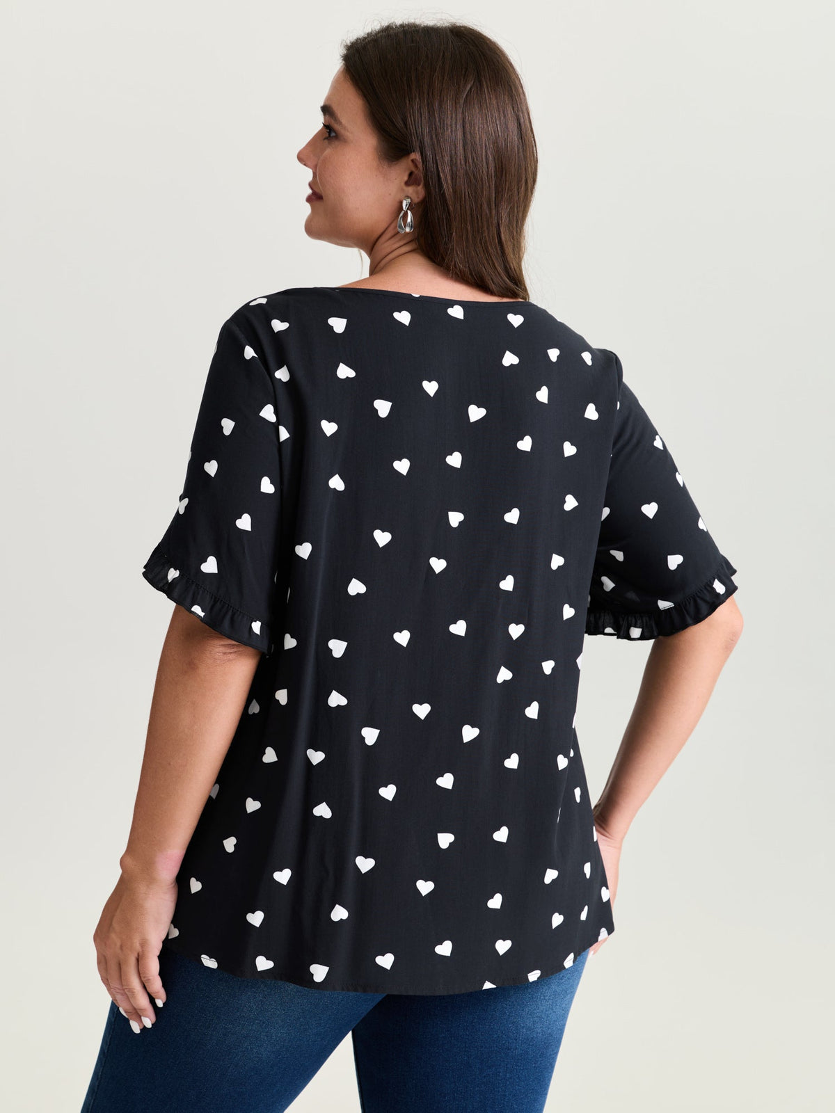 Ruffled Overlap Sleeve Heart Pattern Blouse