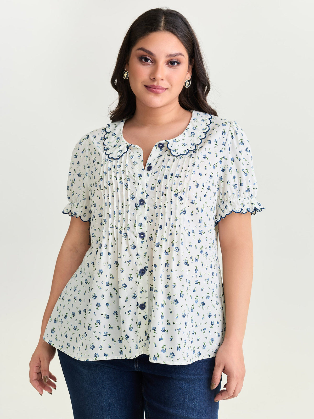 Floral Embroidery Pleated Button-Front Blouse