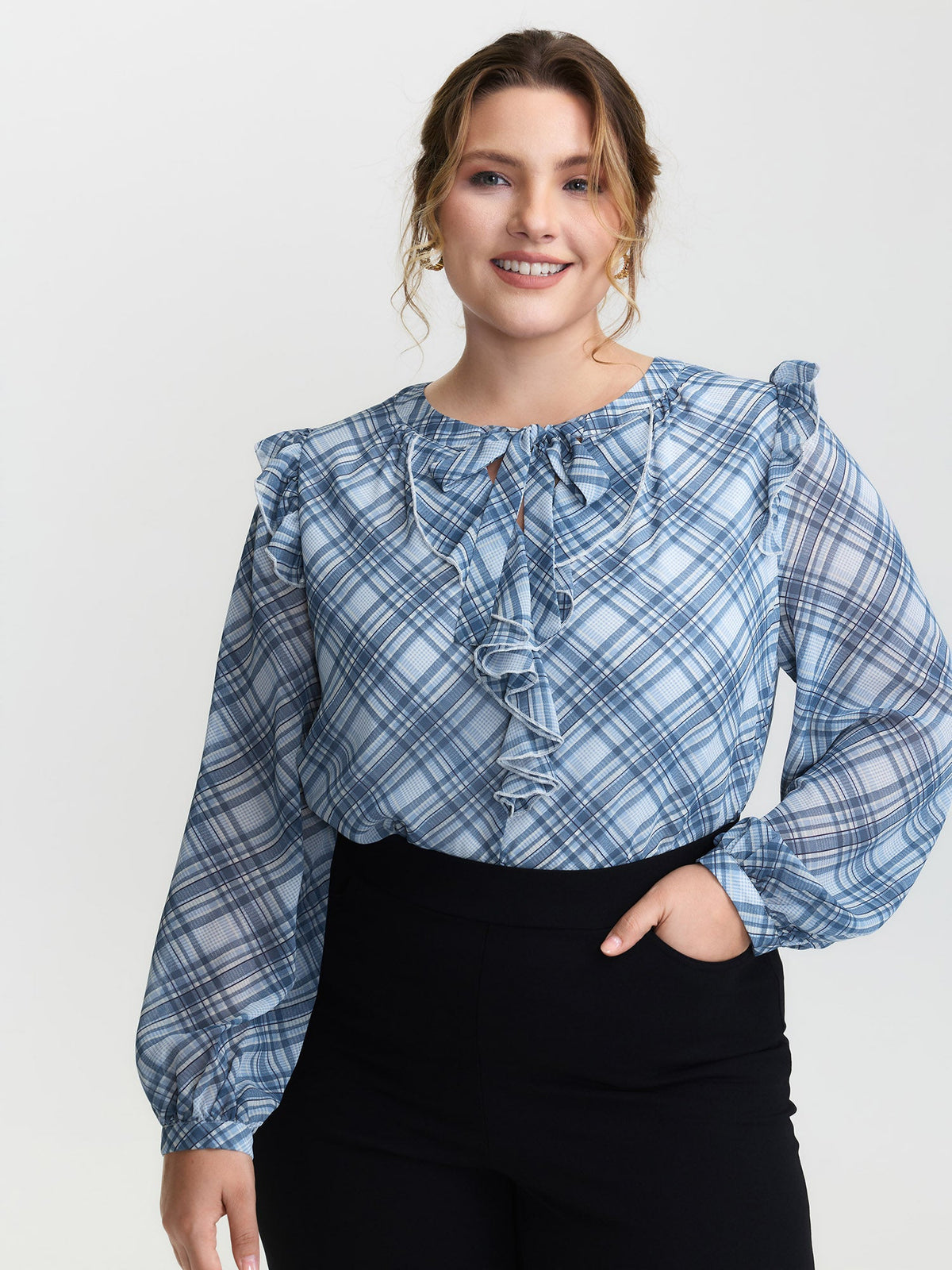 Plaid Print Sheer Ruffled Blouse