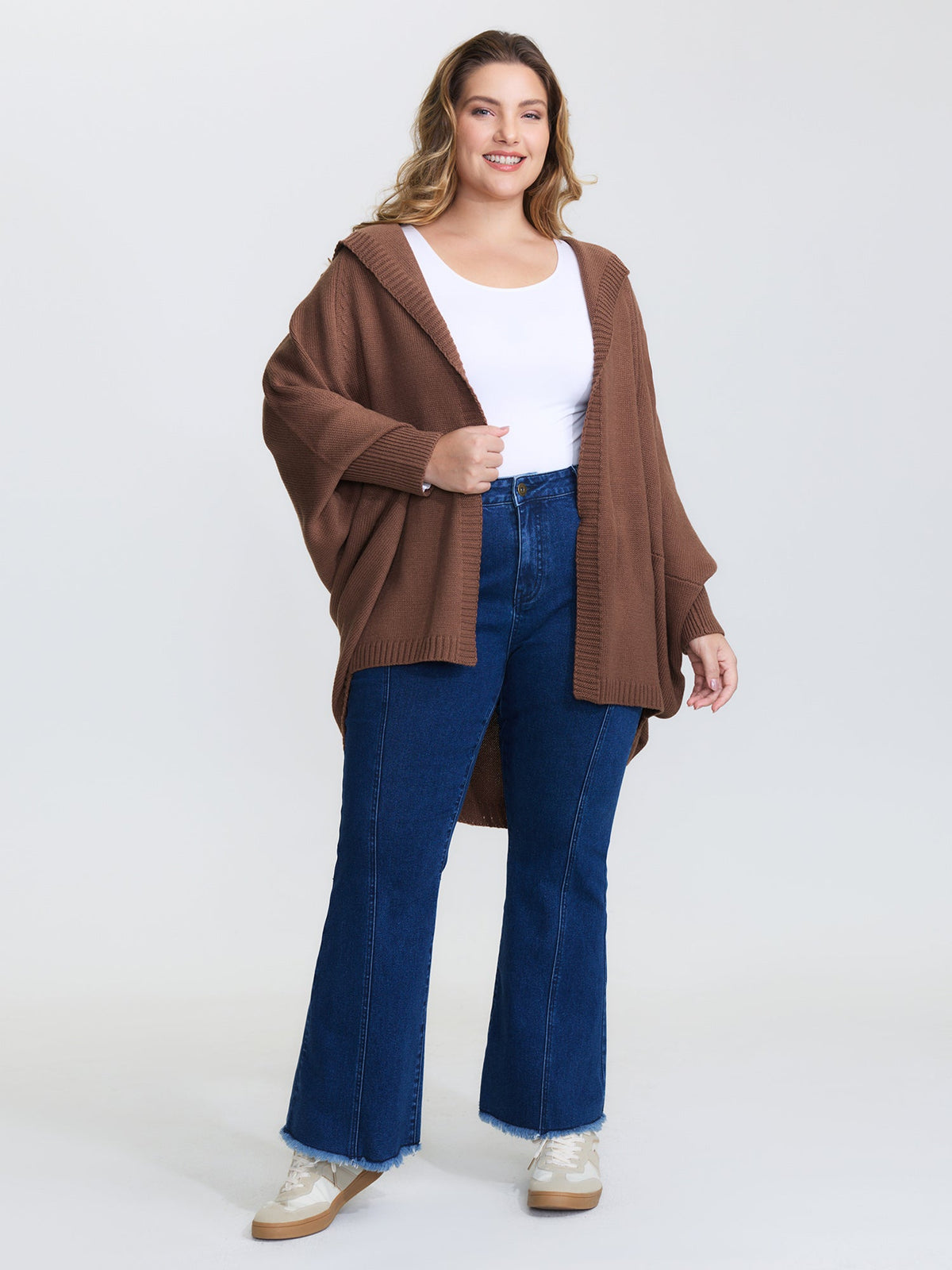 Coccoon Shaped Hooded Front-Open Knit Cardigan
