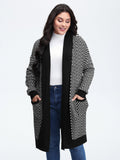 Geometric Pattern Pockets Open-Front Knit Cardigan