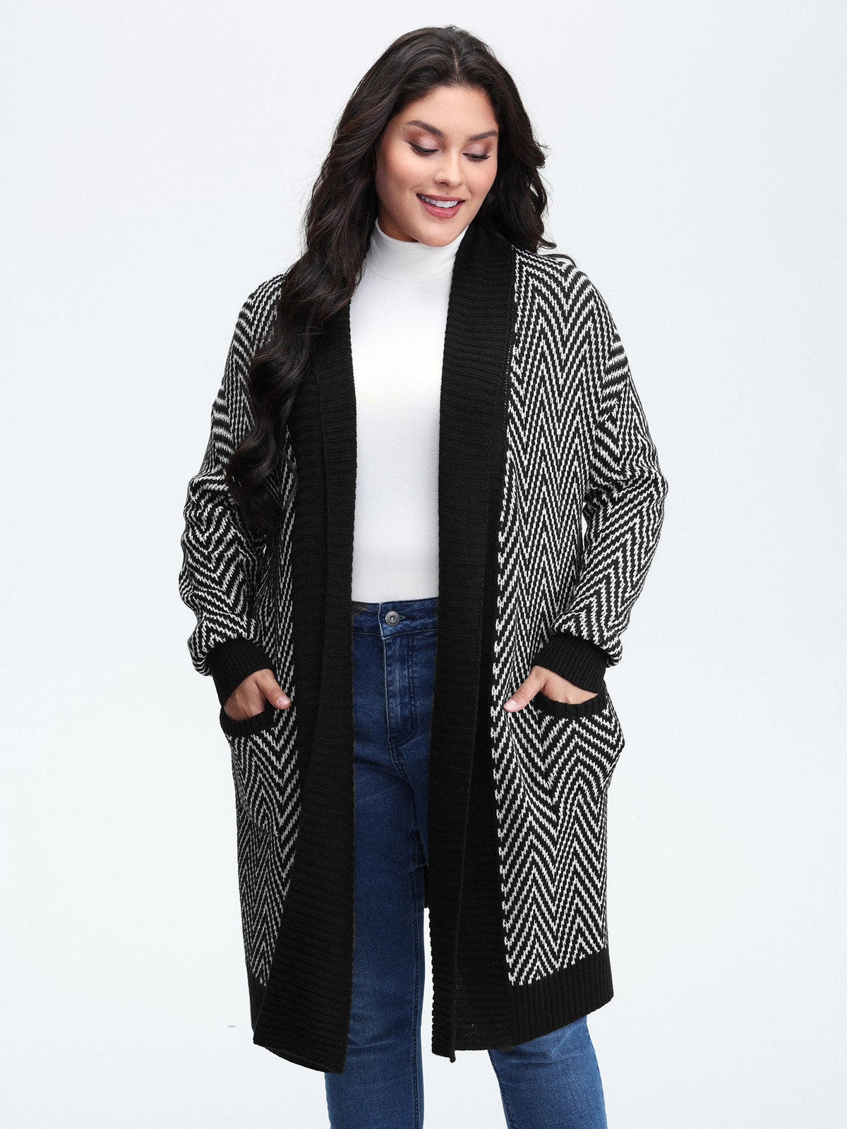 Geometric Pattern Pockets Open-Front Knit Cardigan
