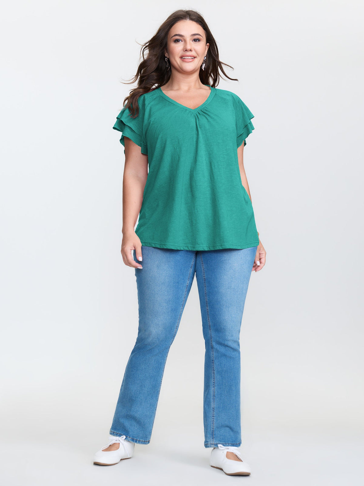 Stretchy Textured Flared Sleeve T-Shirt