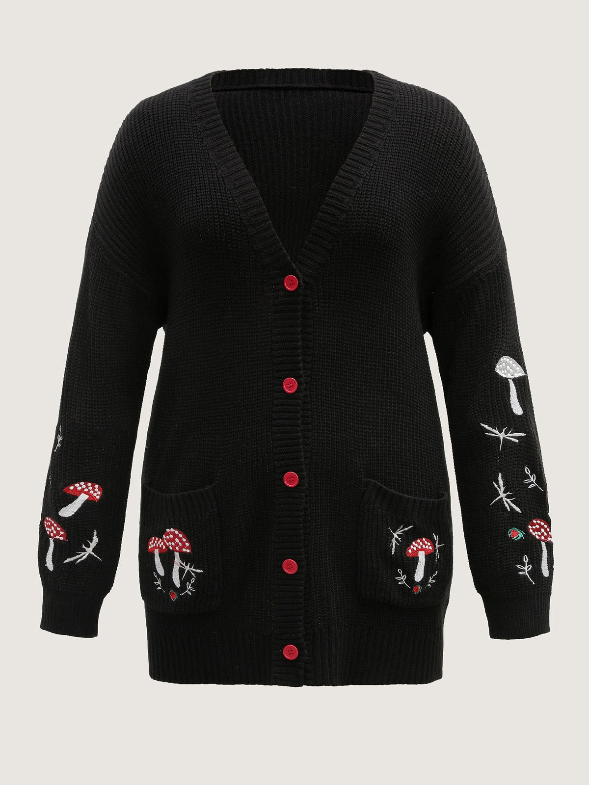Mushroom Embroidery Textured Button Cardigan