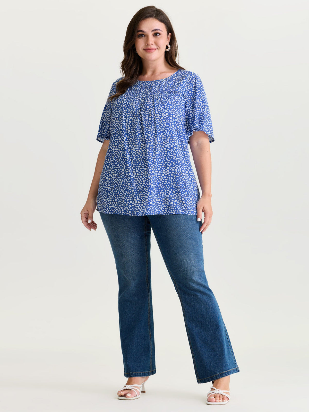 Floral Ruffle Sleeve Gathered Round Neck Blouse
