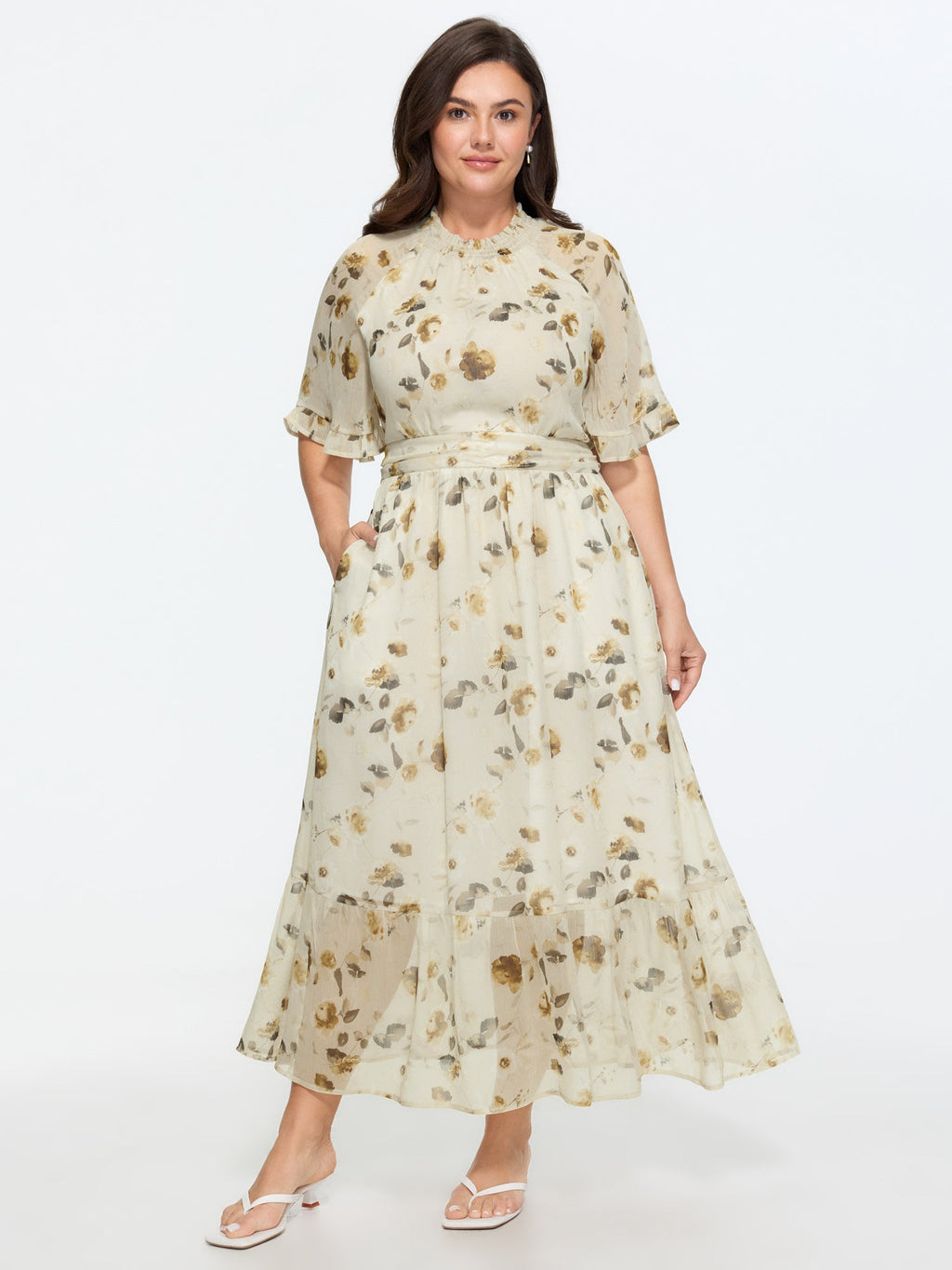 Floral Print Pockets Shirred Mock Neck Maxi Dress