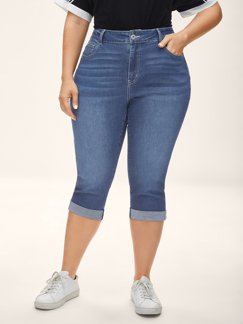 Folded Hem High-Rise Skinny-Fit Capri Jeans