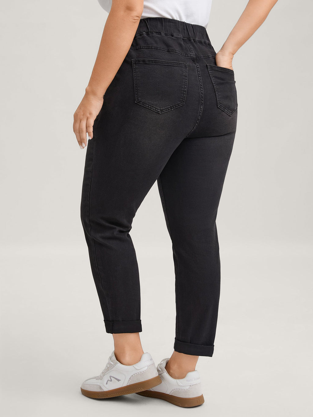 Pull-On Drawstring Folded Hem Boyfriend Jeans