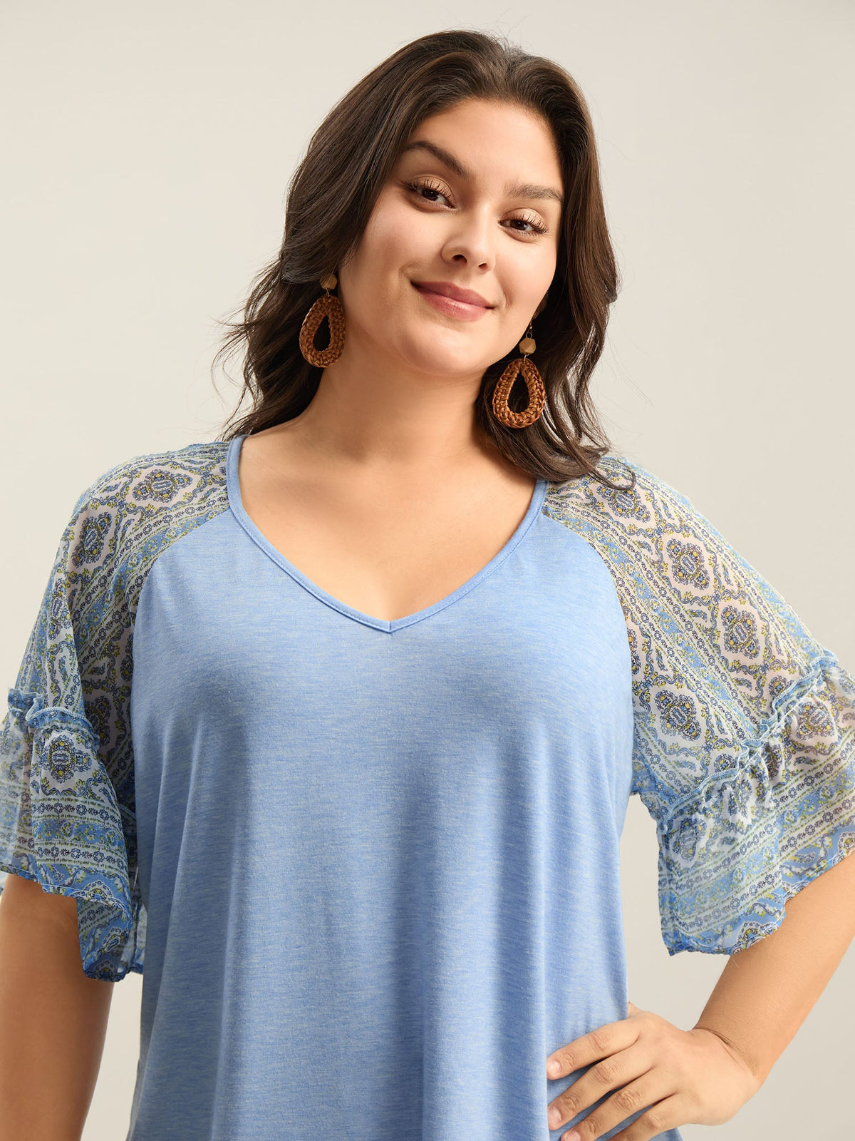 Boho Print Patchwork Raglan Sleeve T-shirt