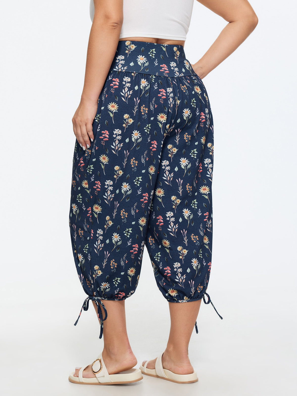 Stretchy Floral Print Drawstring Cuff Pants