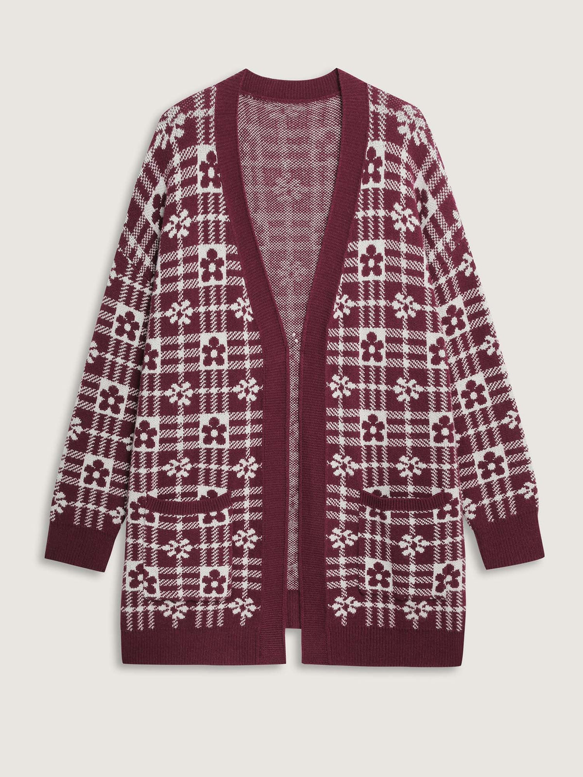 Supersoft Floral Checkered Pockets Knit Cardigan