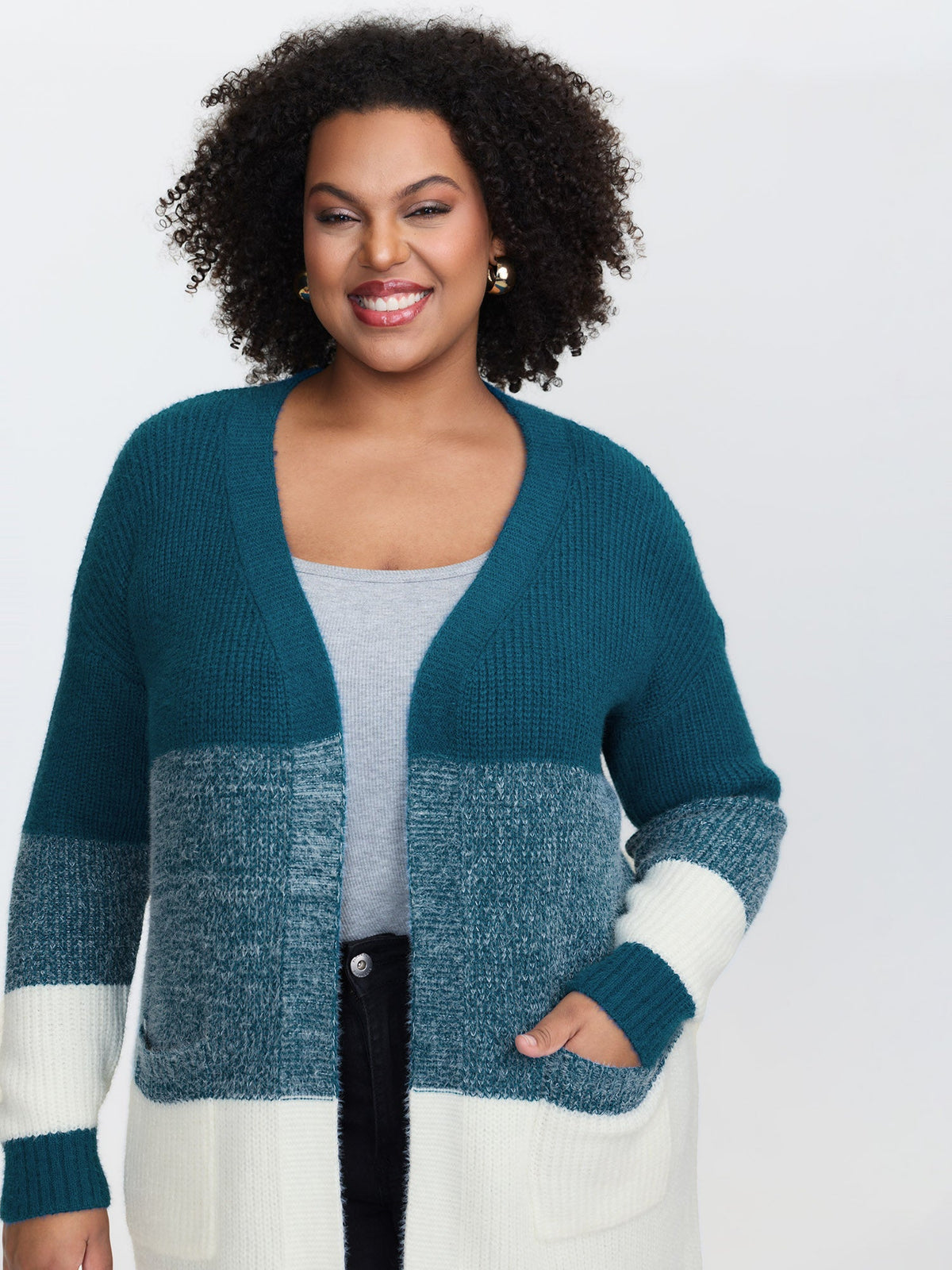 Super Stretchy Colorblock Fuzzy Textured Knit Cardigan