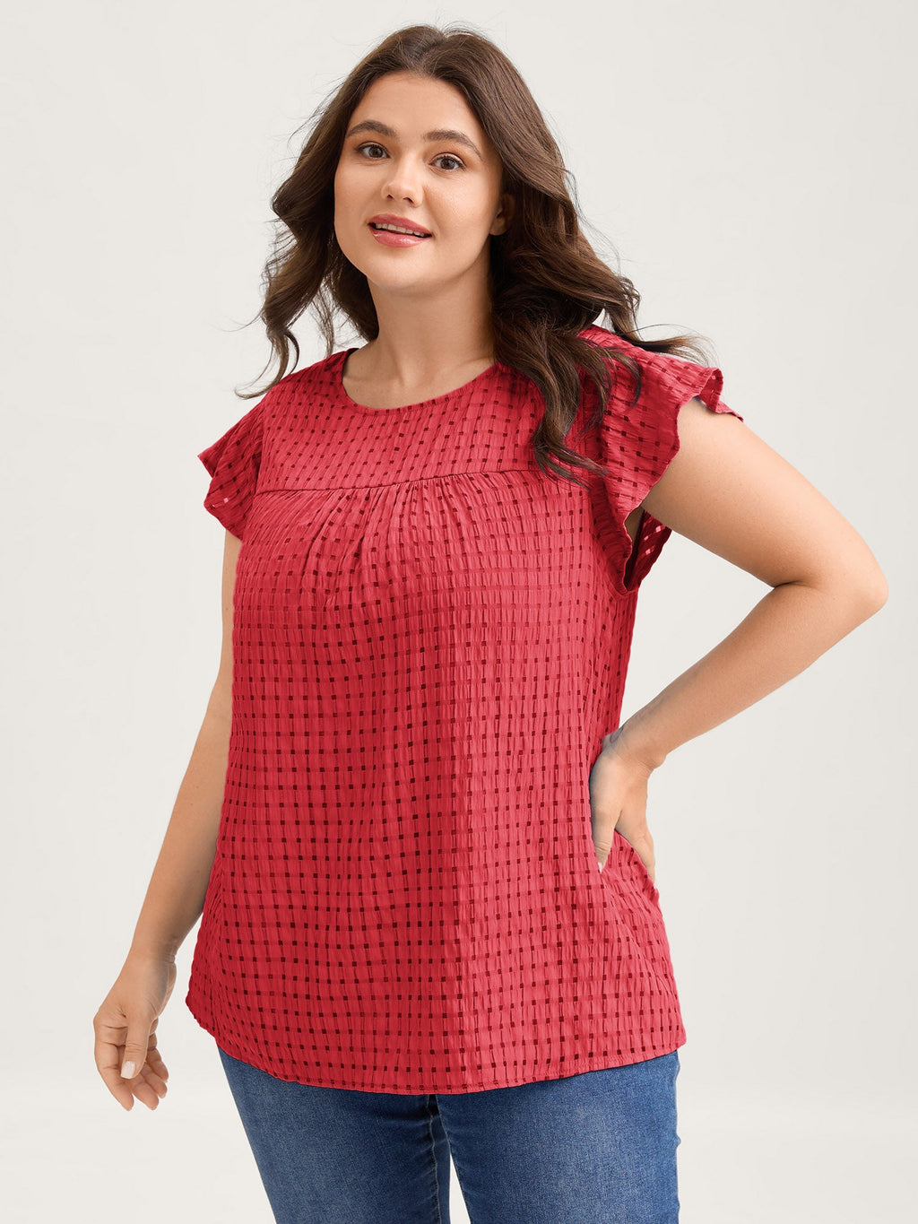 Textured Sheer Lined Flutter Sleeve Blouse