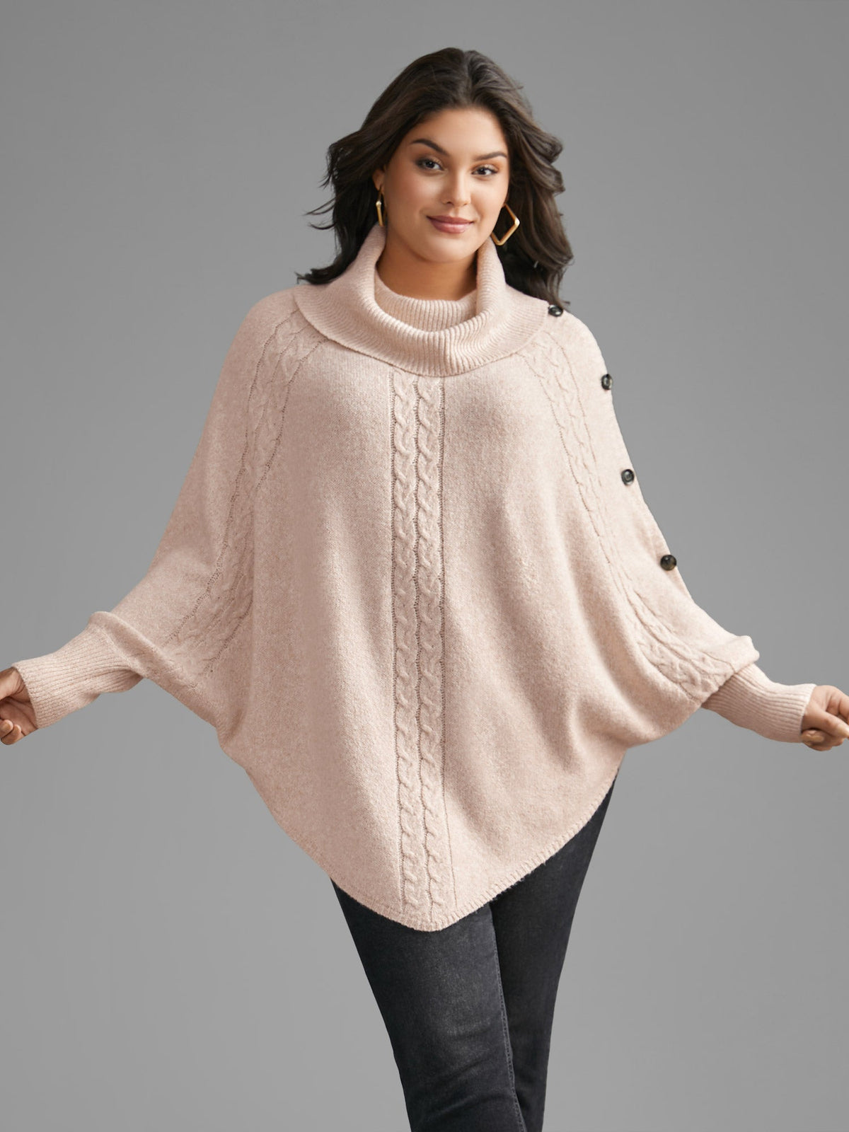 Turtleneck Cable Knit Asymmetrical Hem Pullover