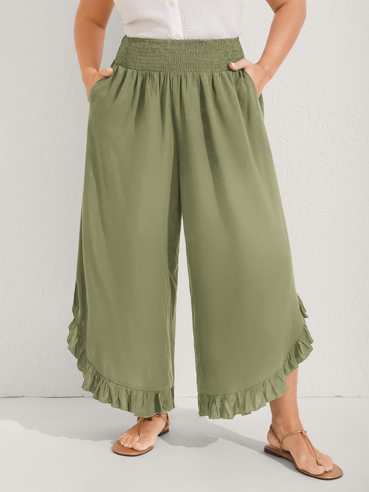 Ruffled Curvy Hem Wide-Leg Pants