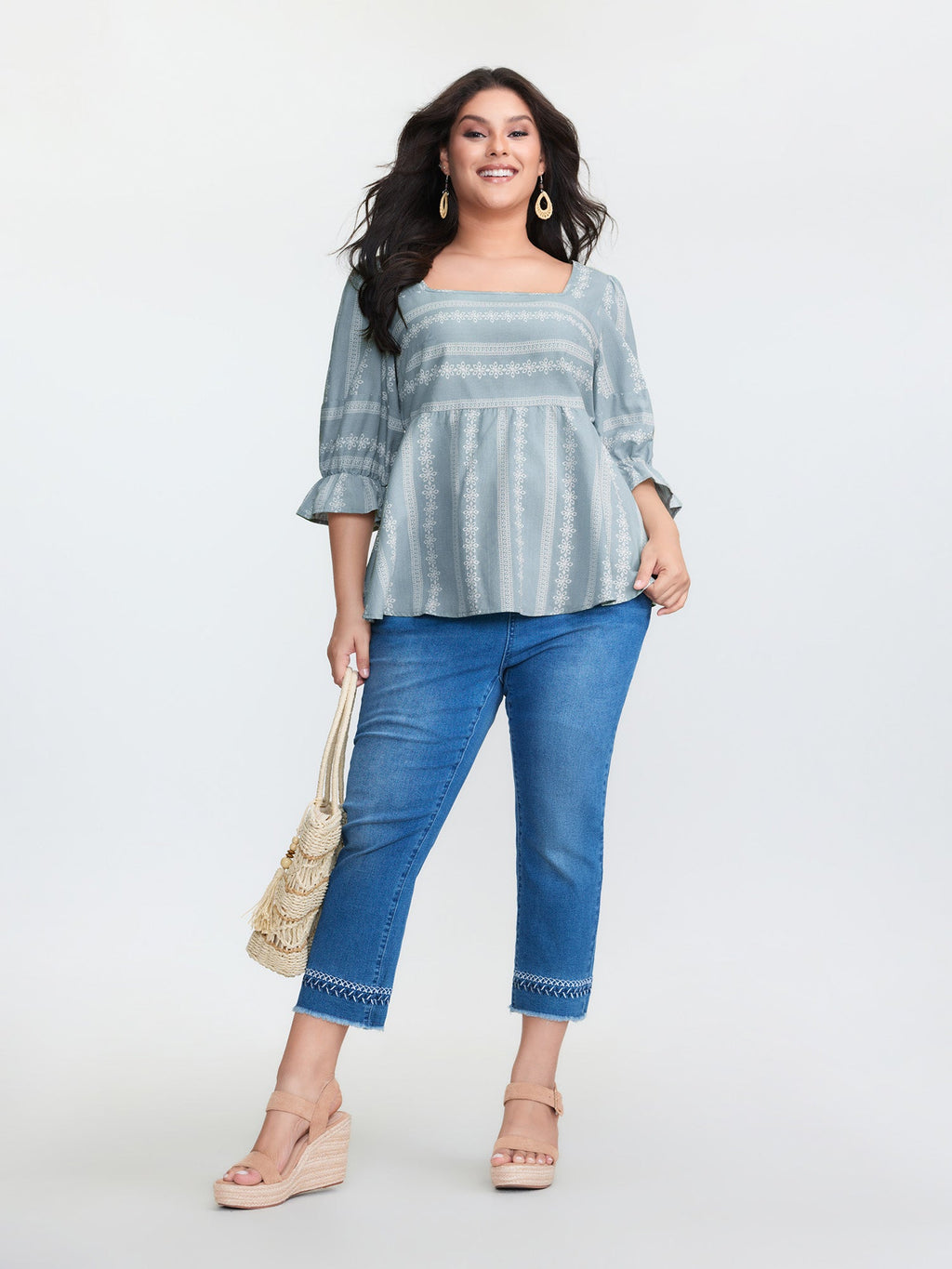 Boho Stripe Print Square Neck Blouse