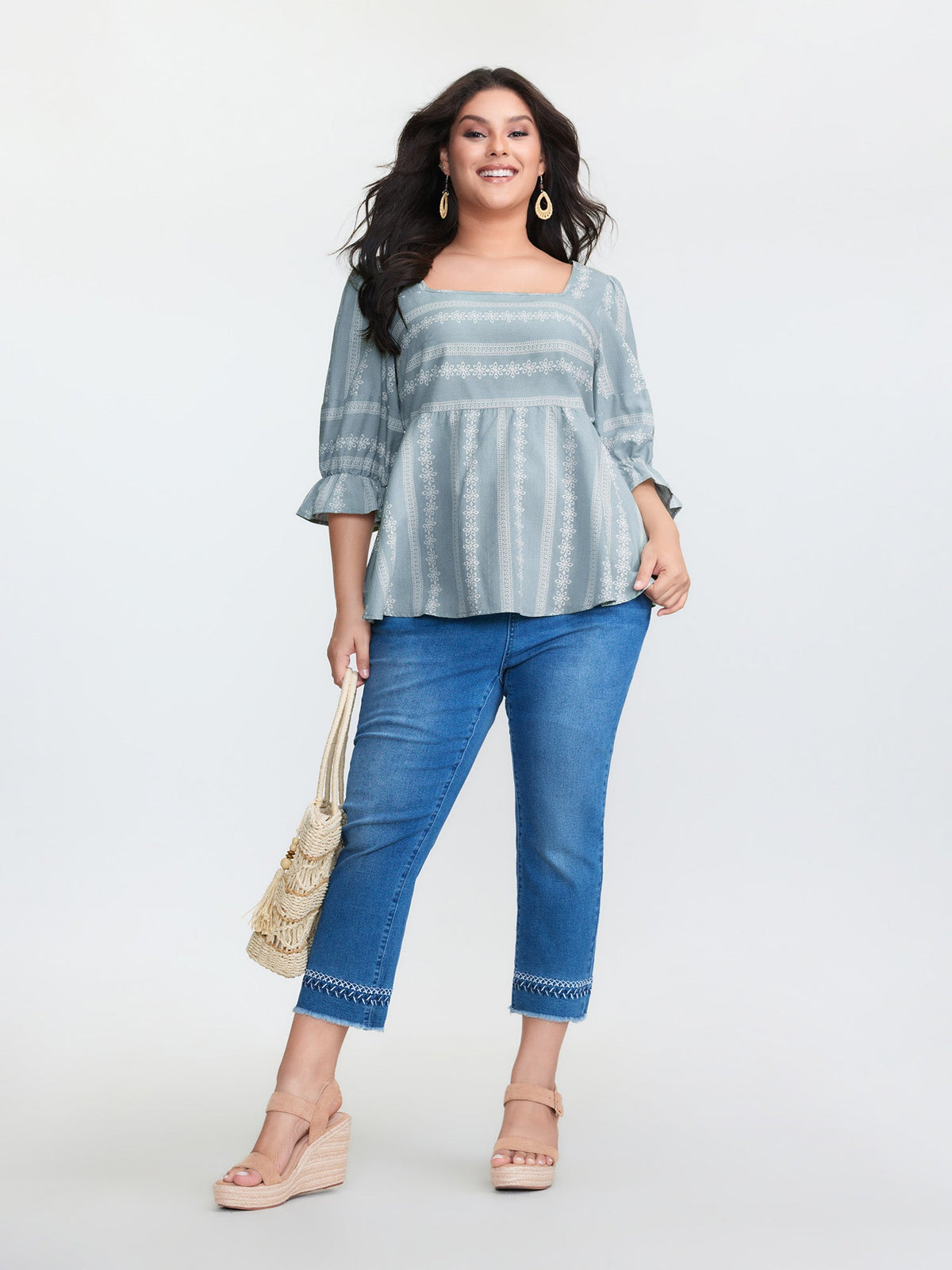 Boho Stripe Print Square Neck Blouse