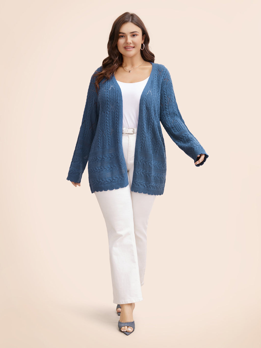 Solid Scalloped Trim Cable Knit Cardigan