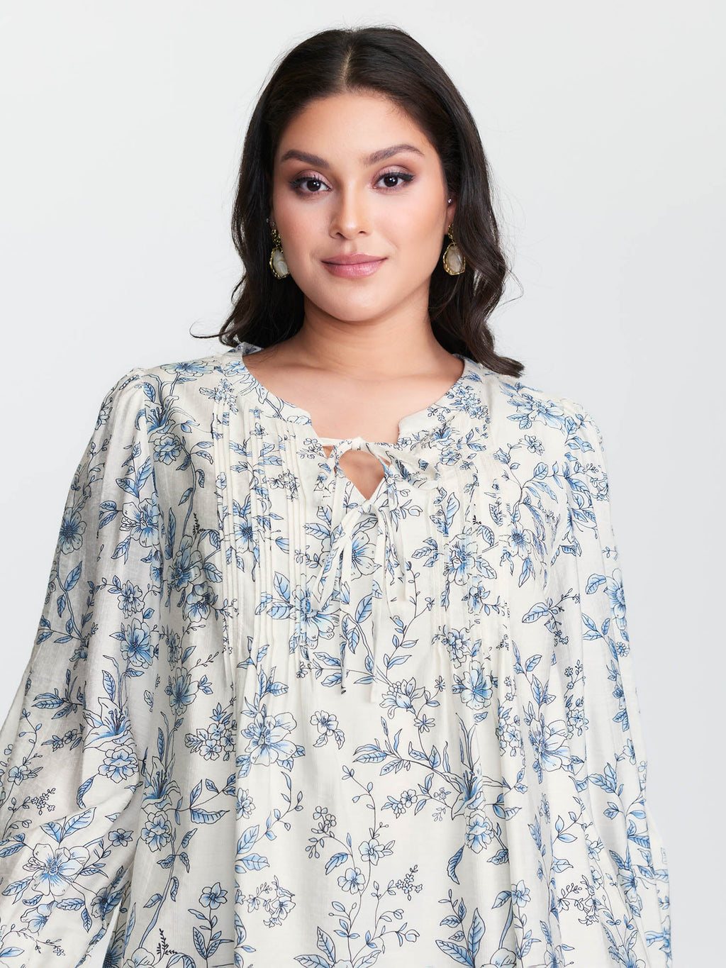 Floral Print Neckline Tie Blouse