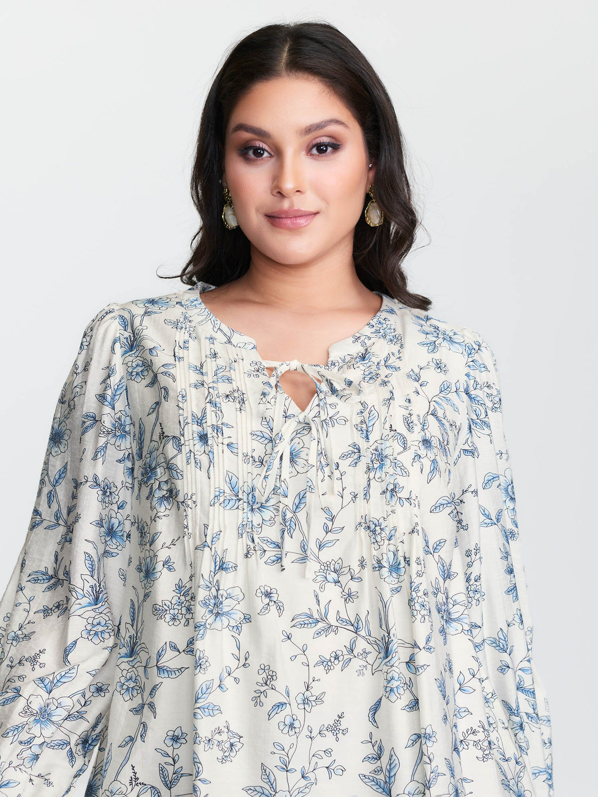 Floral Print Neckline Tie Blouse