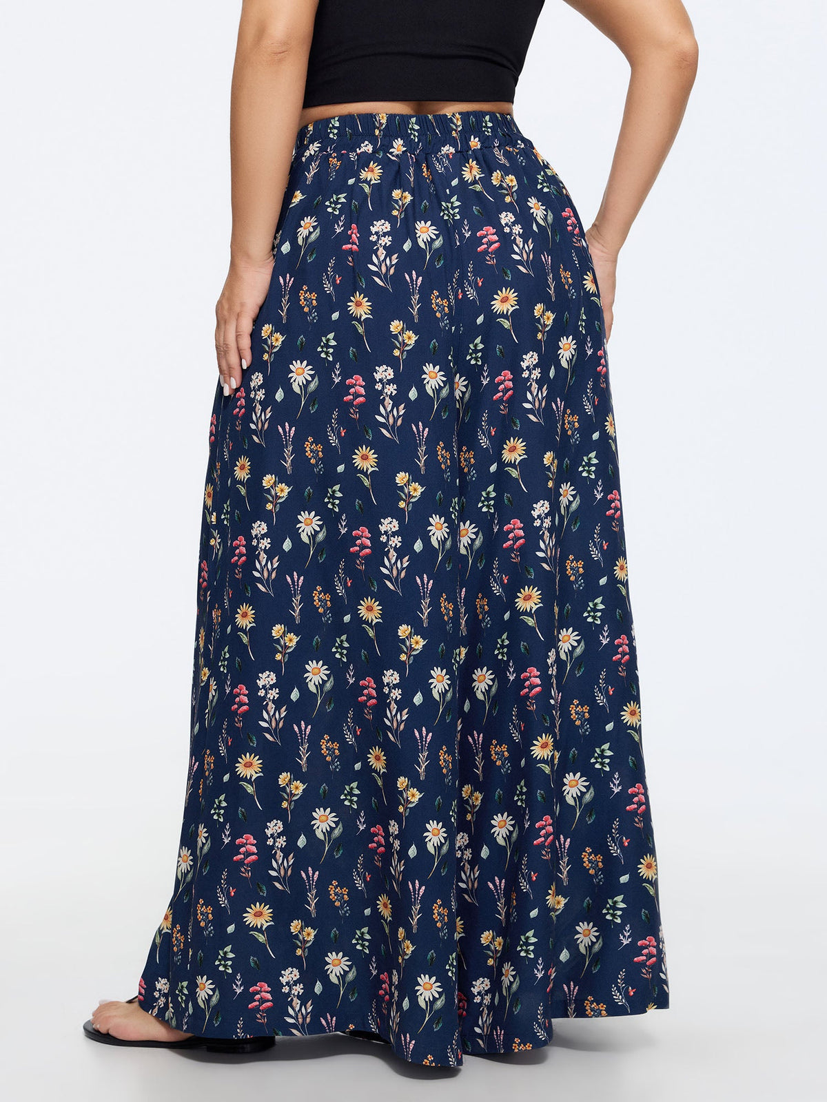 Ditsy Floral Print Stretchy Waist Wide Leg Pants