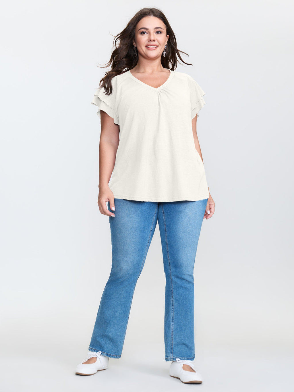 Stretchy Textured Flared Sleeve T-Shirt