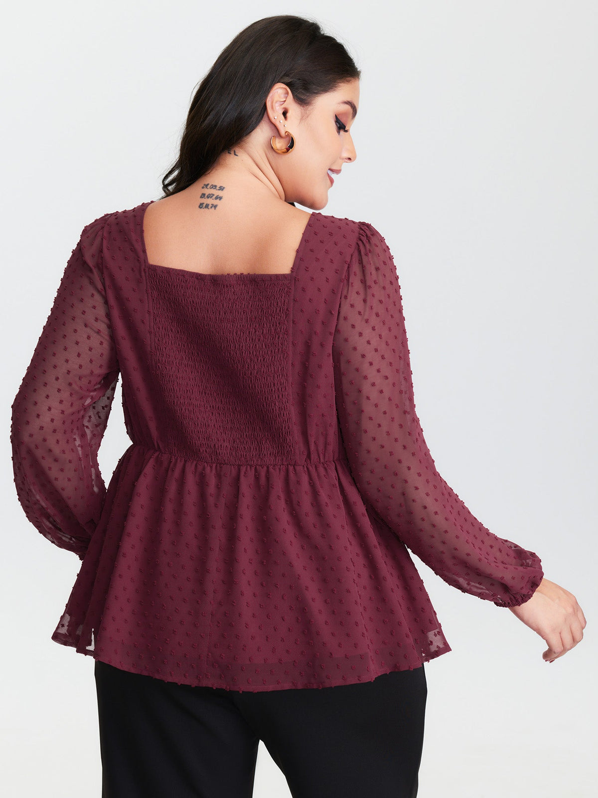 Polka Dot Jacquard Textured Shirred Blouse