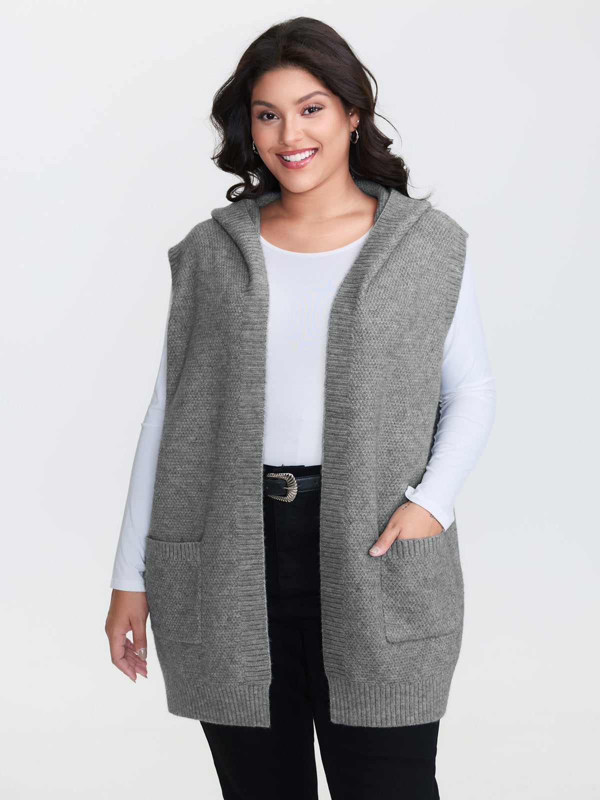 Textured Hooded Pocketed Cardigan