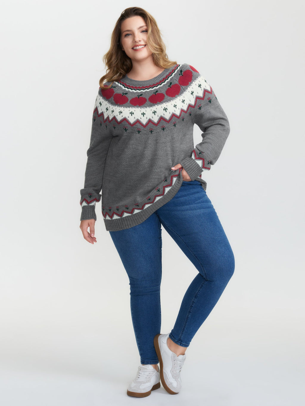 Apple Pattern Color Contrast Knit Cardigan