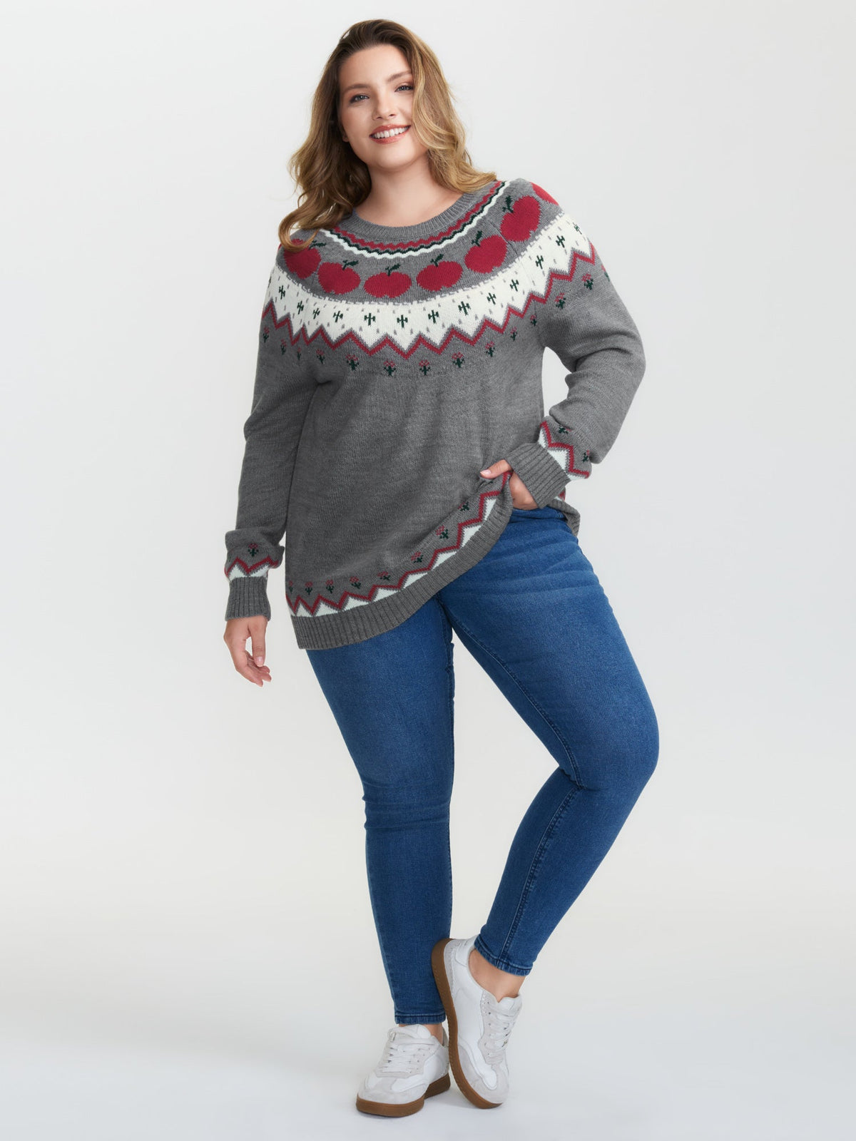 Apple Pattern Color Contrast Knit Cardigan