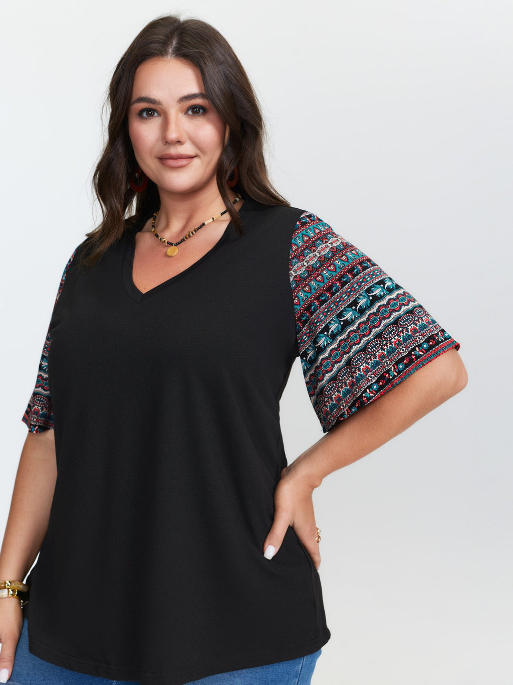 Colorful Boho Sleeve V-Neck Blouse