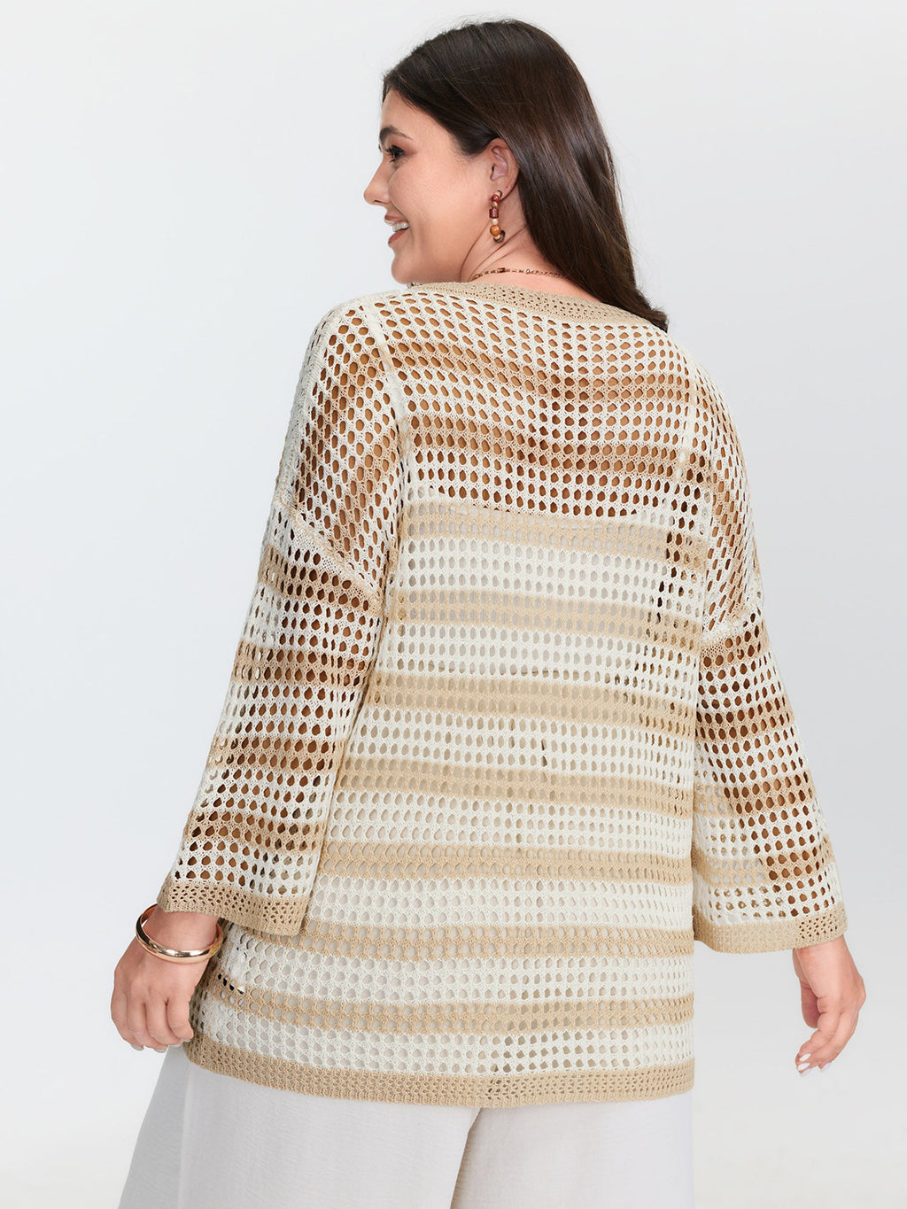Crochet V-Neck Striped Knit Cardigan