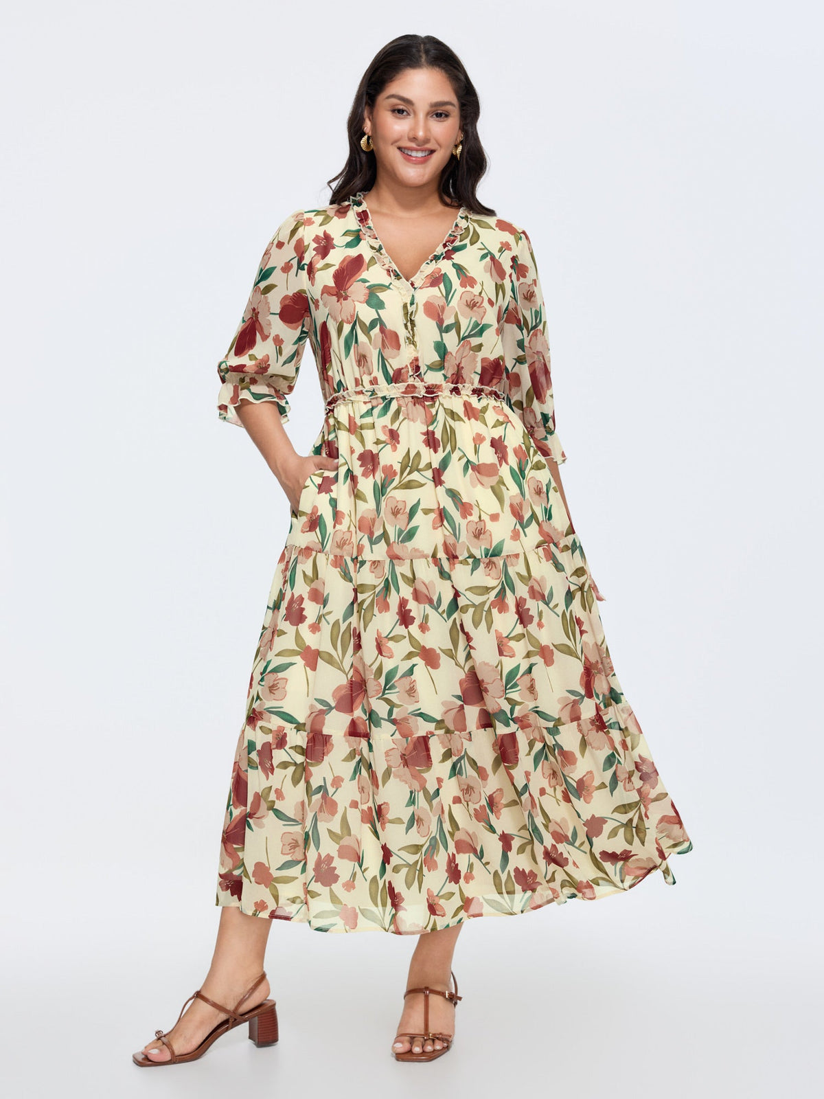 Romantic Floral Print Ruffled Edge Maxi Dress