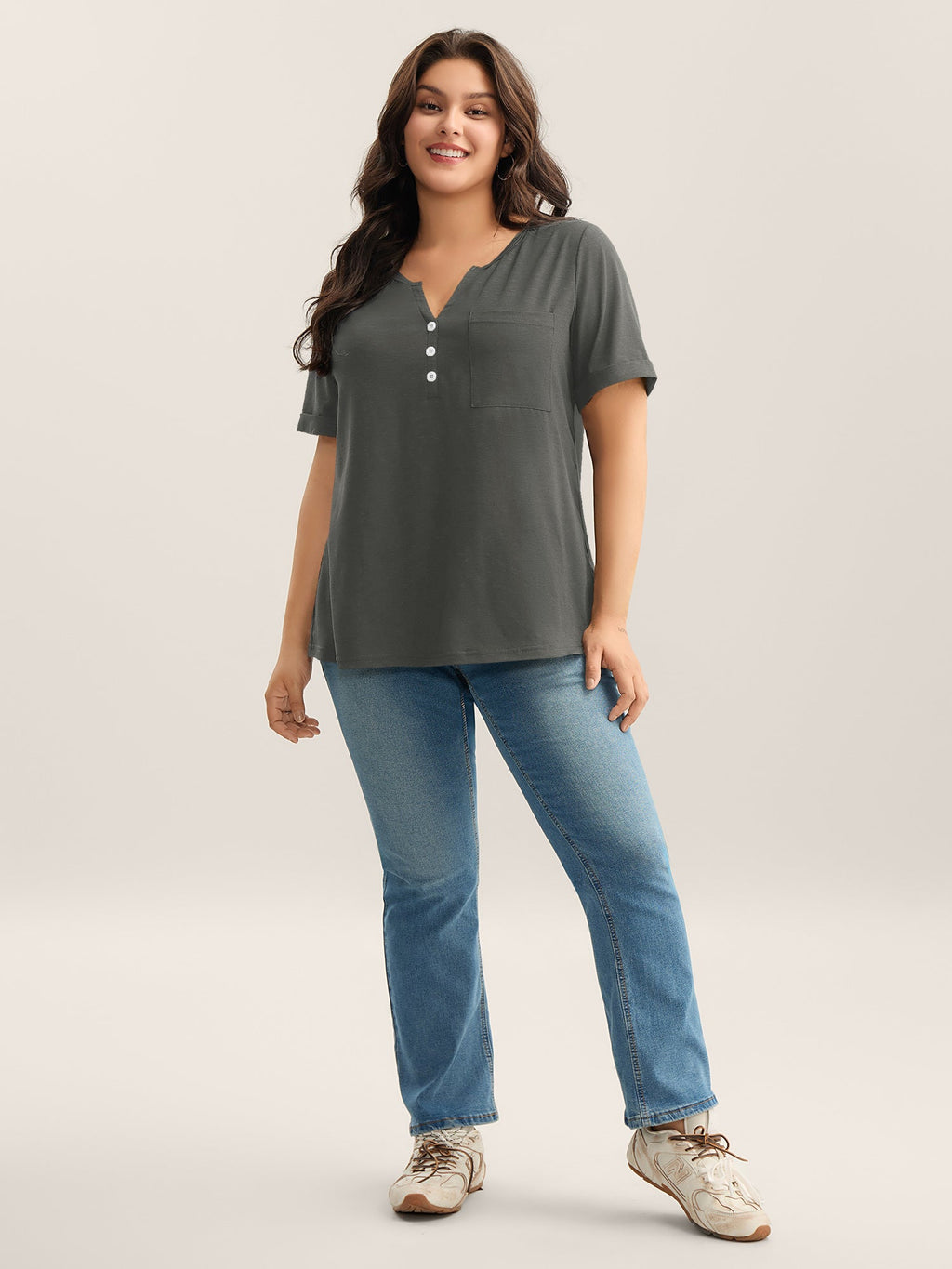 Solid Split Neck Button Detail T-Shirt