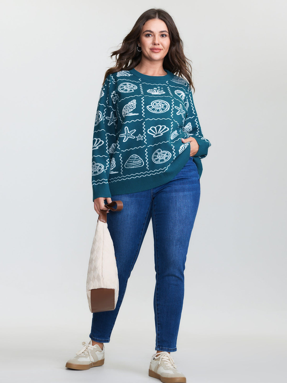 Ocean Pattern Jacquard Ribbed Hem Pullover