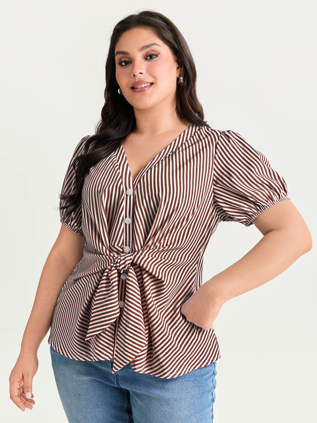 Striped Print Tie-Front Blouse