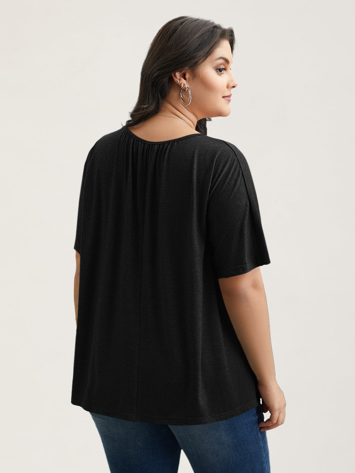 Pleated Plain Half-Sleeve Knit Top