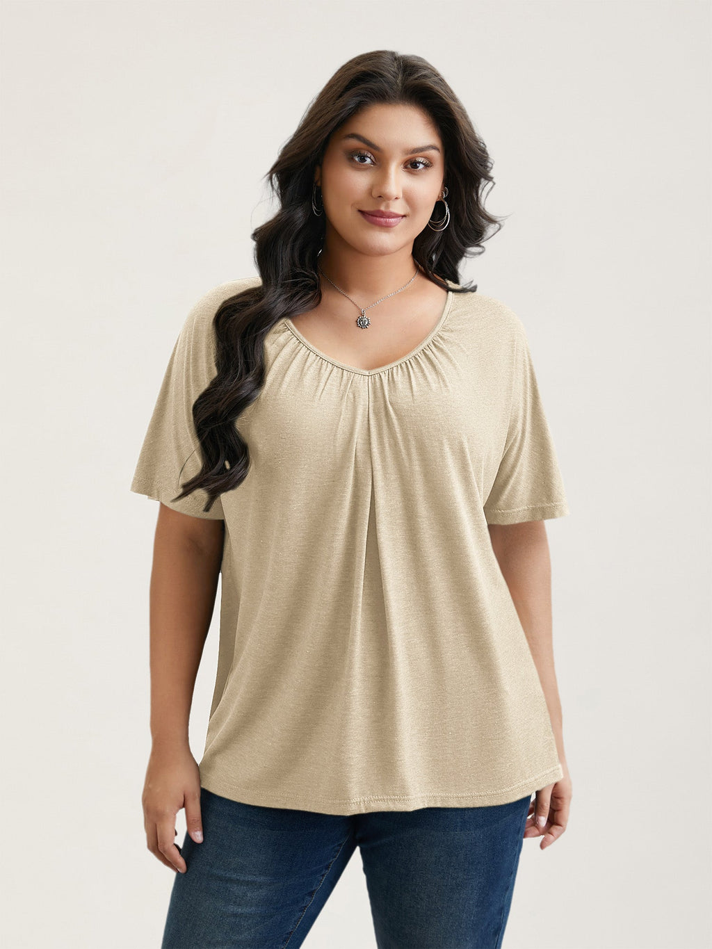 Pleated Plain Half-Sleeve Knit Top
