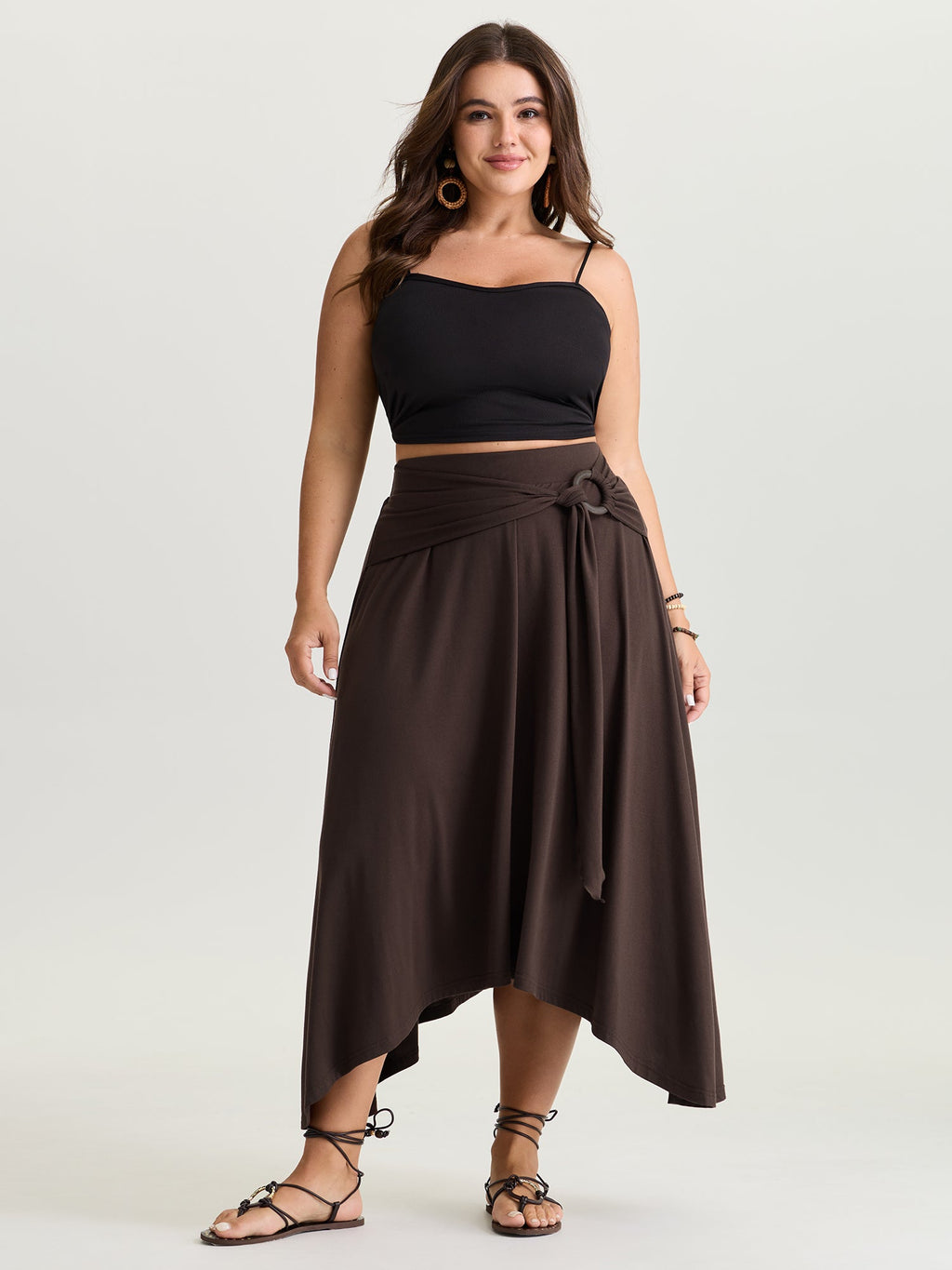 Supersoft Ring Detail Tie Asymmetrical Hem Midi Skirt