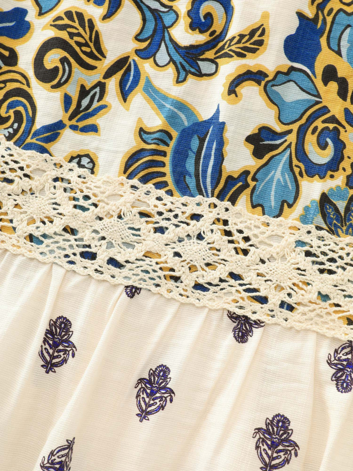 Floral Print Lace Neckline Flowy Blouse