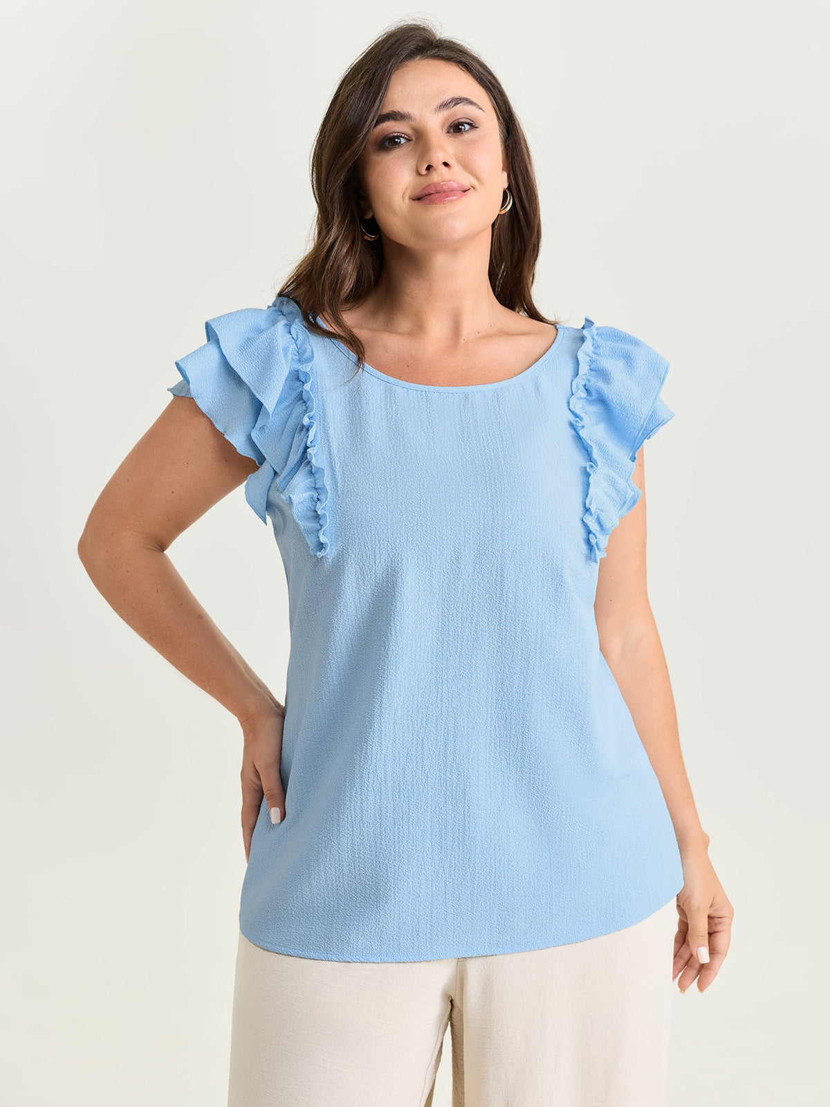 Textured Layered Flutter Sleeve Bowknot Blouse