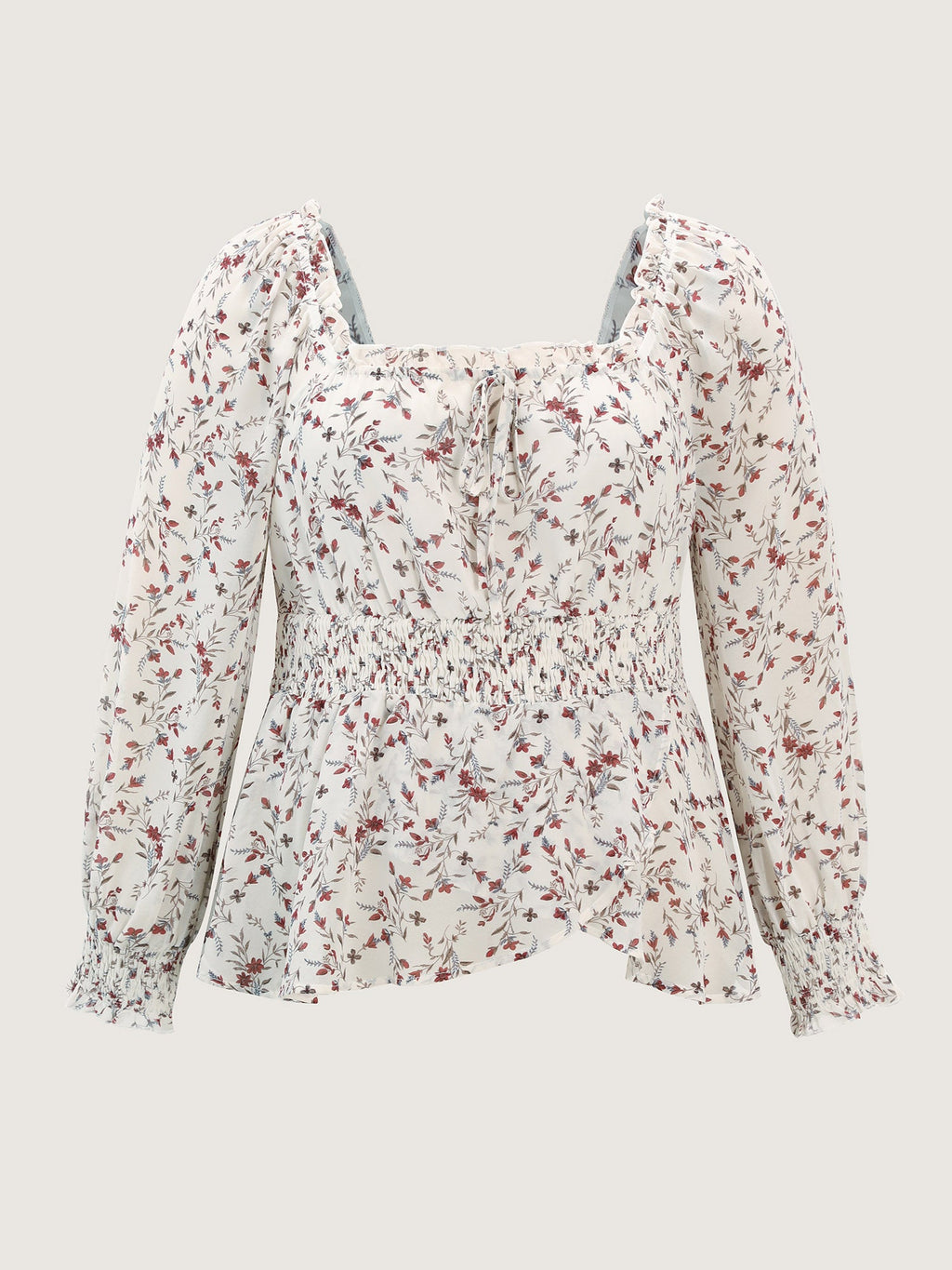Floral Drawstring Neckline Shirred Blouse