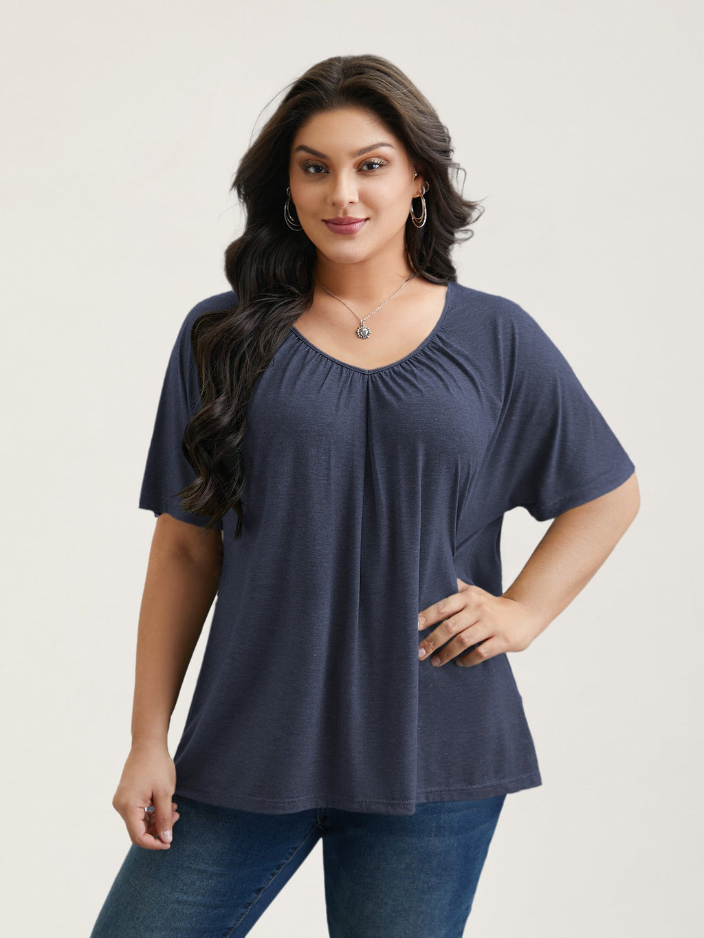 Pleated Plain Half-Sleeve Knit Top