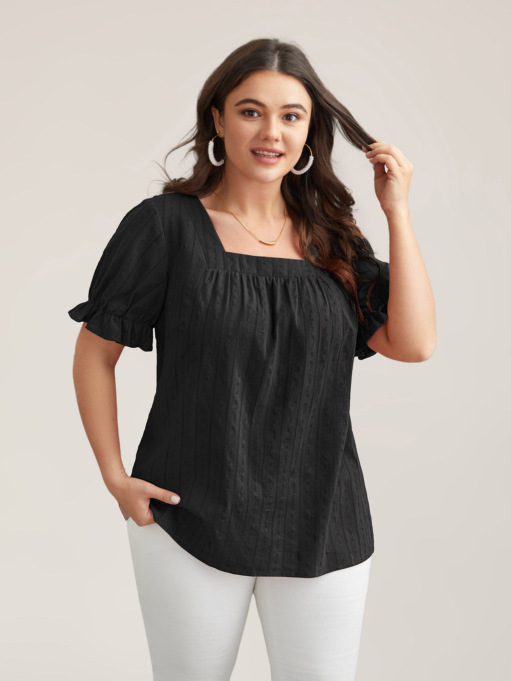 Cotton Square Neck Ruffled Sleeve Blouse