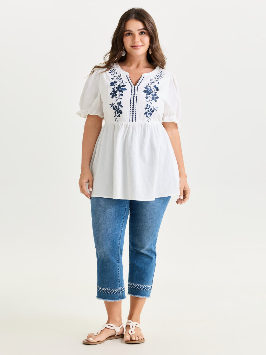 Cotton Floral Embroidered Notched Collar Blouse