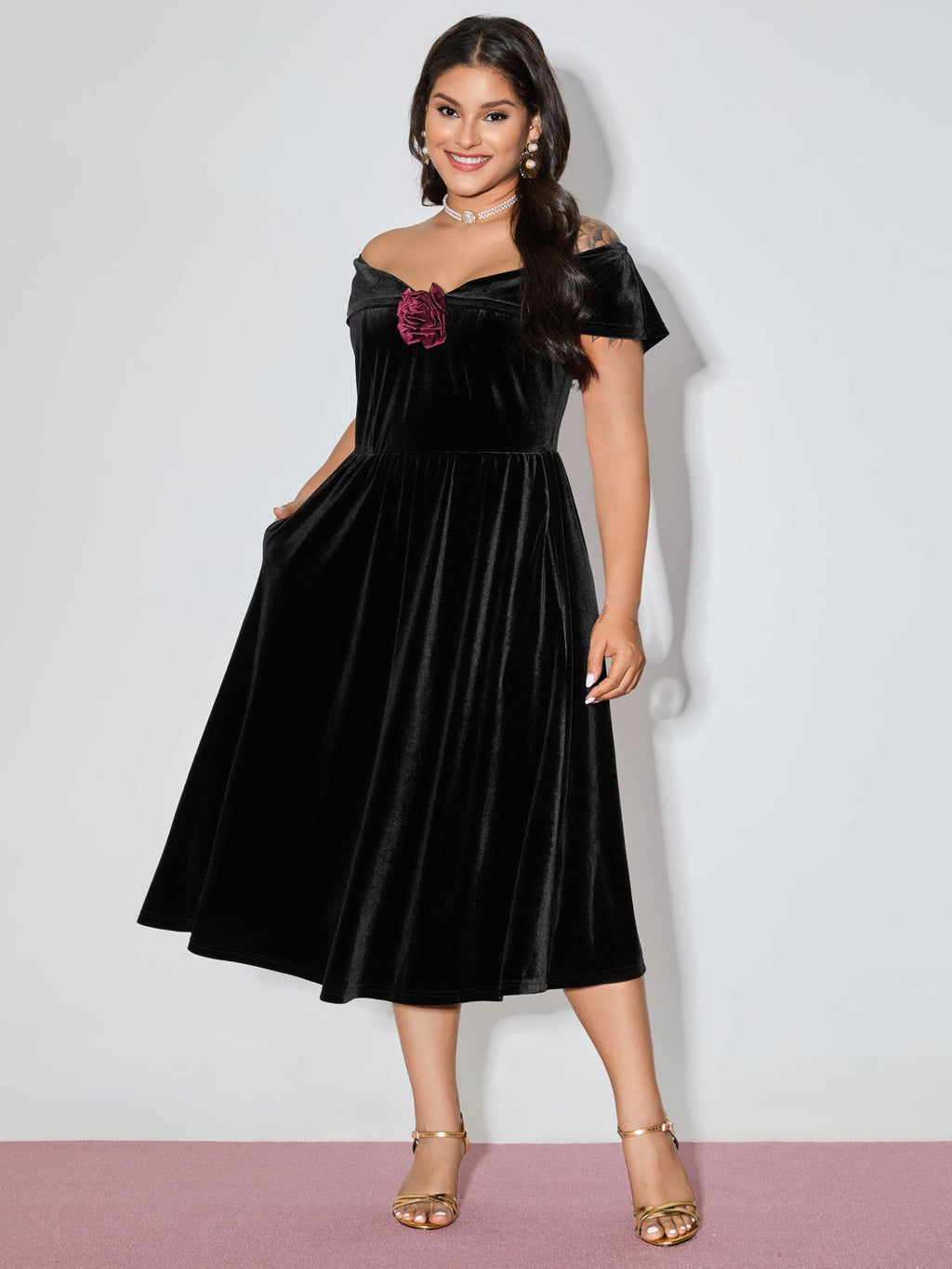 Off-Shoulder 3D Floral Detail Midi Dress