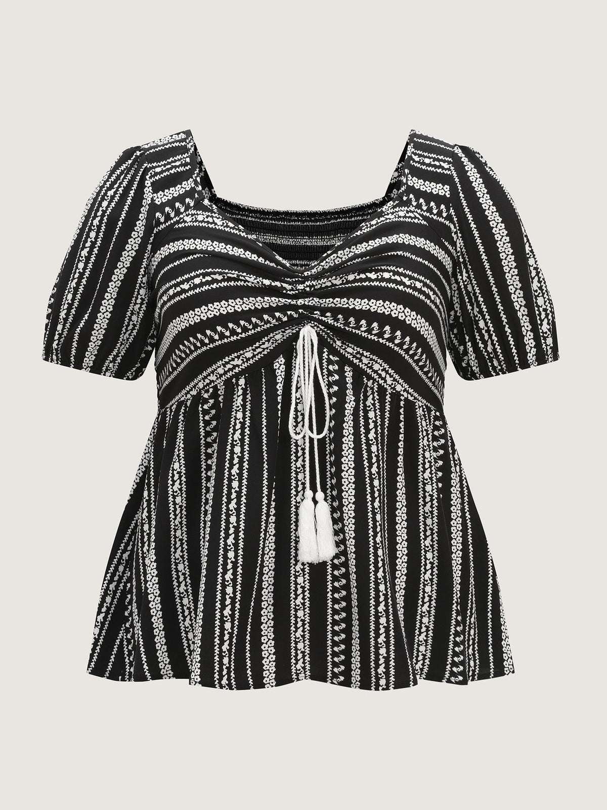 Monochrome Floral Stripe Babydoll Blouse